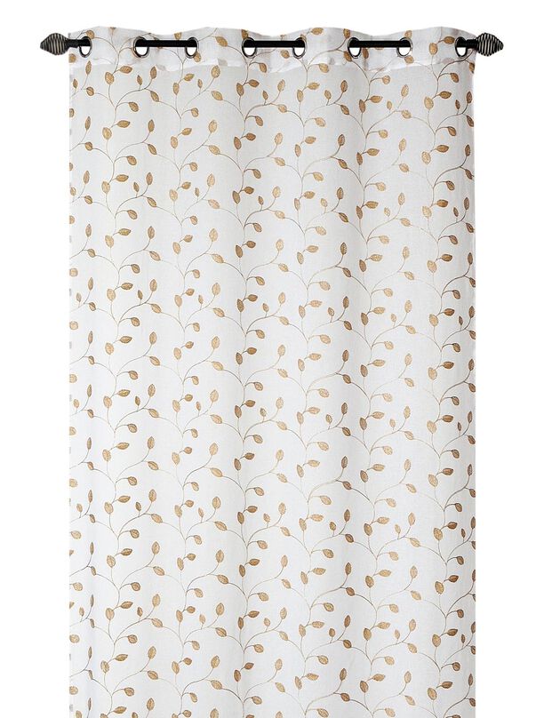 Panneau voile brodé Petites feuilles finition oeillets (blanc / doré)