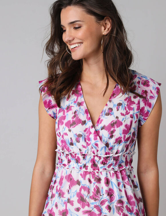 Robe courte d&eacute;collet&eacute; cache-coeur, en voile imprim&eacute; (violine)