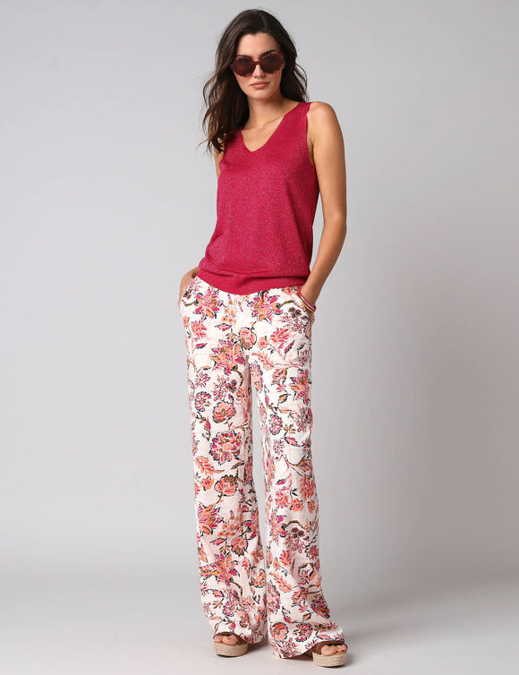 D&eacute;bardeur col V fine maille et fil brillant (framboos)