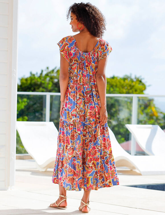 Robe longue volantée, crépon imprimé (bleu / rose)