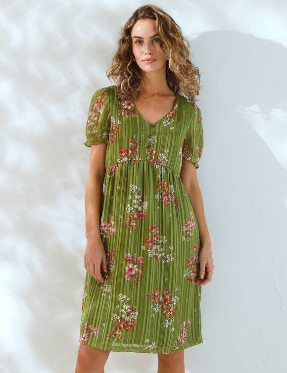 Robe courte imprimé floral, voile fils brillants (kaki / rose)