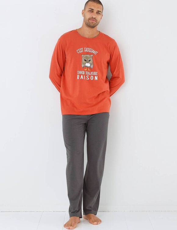 Pyjama message motif hibou manches longues  (orange / anthracite)
