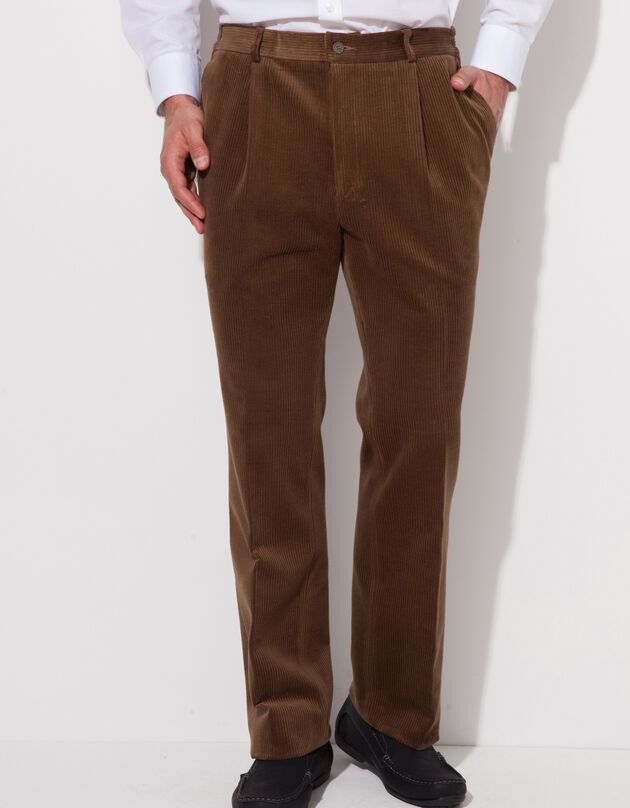 Pantalon velours taille élastiquée à pinces (châtaigne)