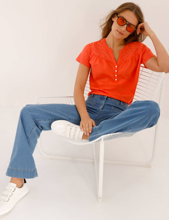 T-shirt col tunisien manches courtes, broderie anglaise (orange)