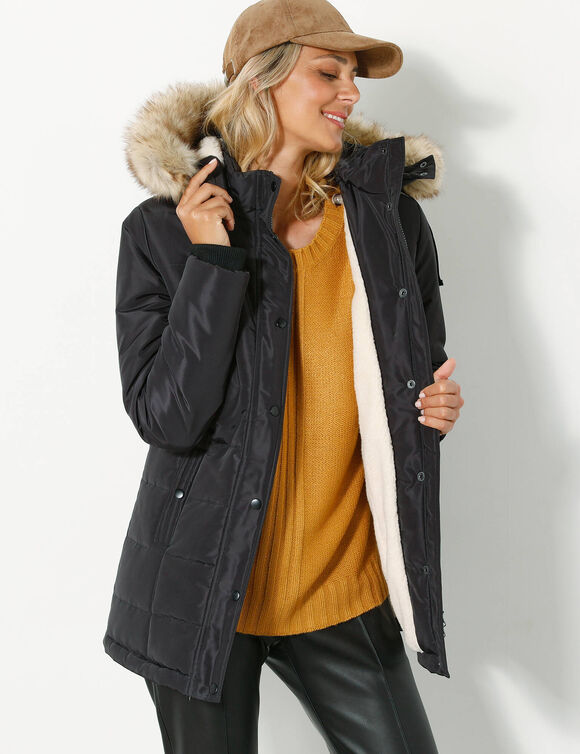 Doudoune à capuche imperméable, doublée polaire sherpa (noir)