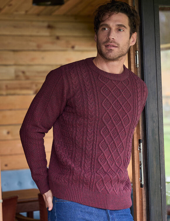 Pull col rond maille irlandaise (bordeaux chin&eacute;)