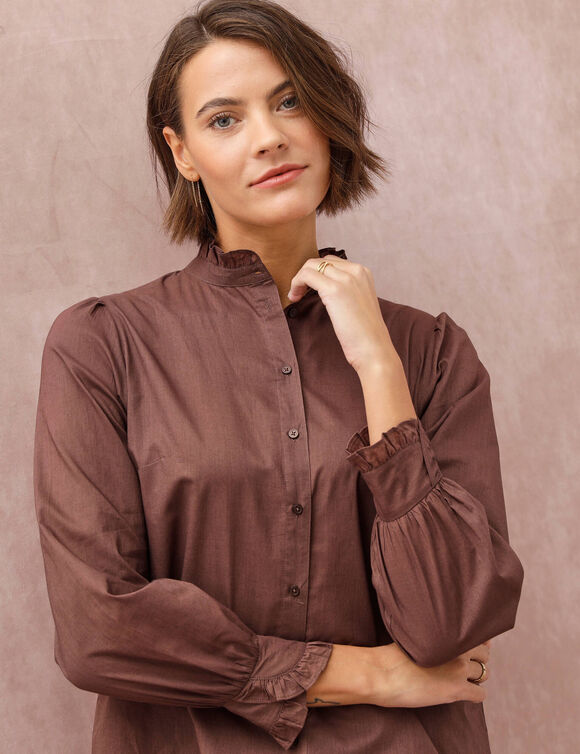 Chemise col officier volant&eacute;, manches longues, uni (chocolat)