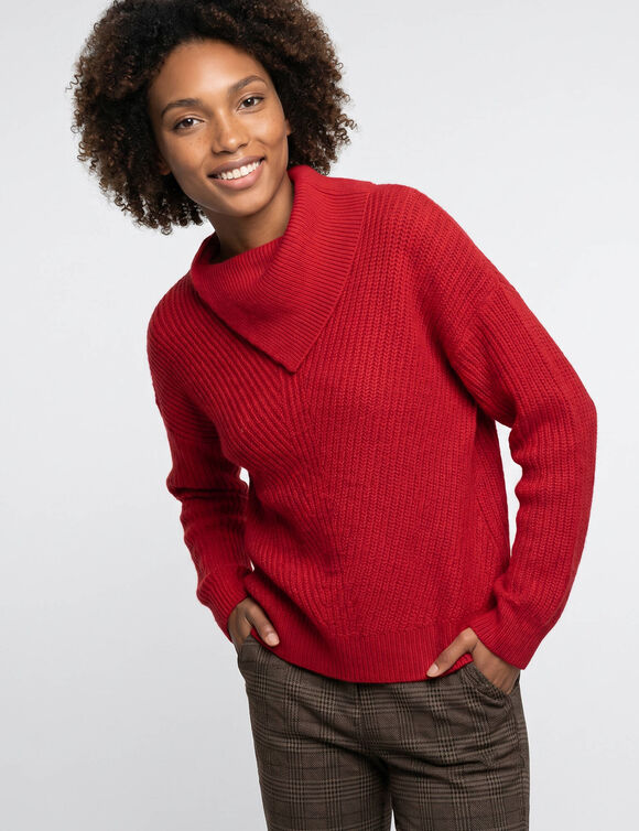 Pull &agrave; col asym&eacute;trique en maille anglaise, tricot fantaisie (rouge)