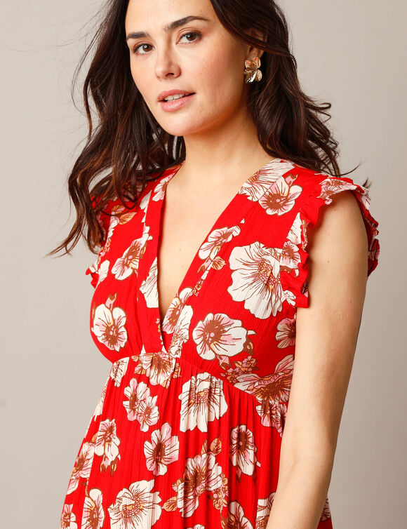 Robe longue sans manches, crépon imprimé (rouge)