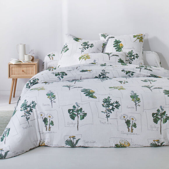 Linge de lit Botanic imprim&eacute; - double gaze de coton (blanc / vert)