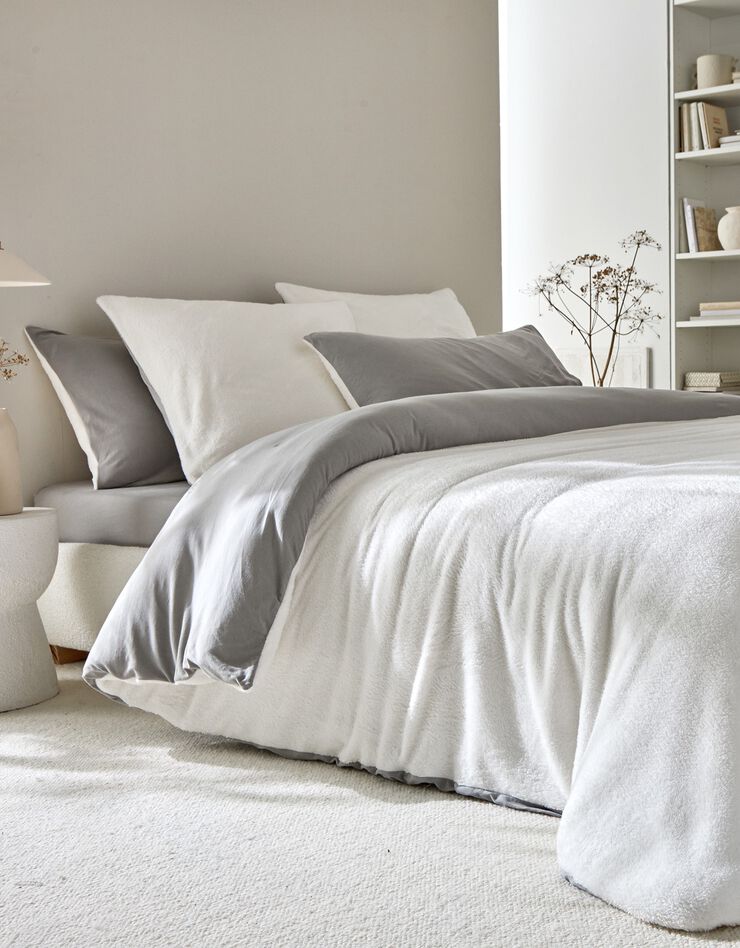 Linge de lit réversible jersey polaire toucher peluche (gris)