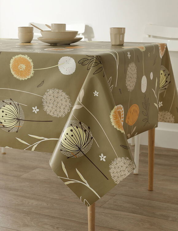 Tafellaken in toile cirée met paardenbloemmotief (groen)