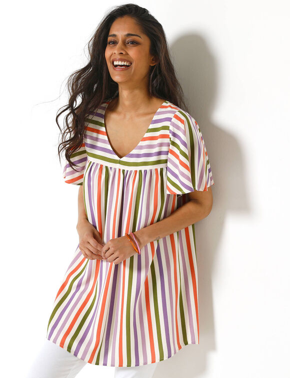 Tunique ray&eacute;e col V, manches papillon (multicolore)