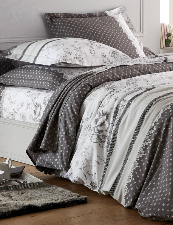 Linge de lit Gabrielle en coton imprimé pois, fleurs et dentelle (gris)