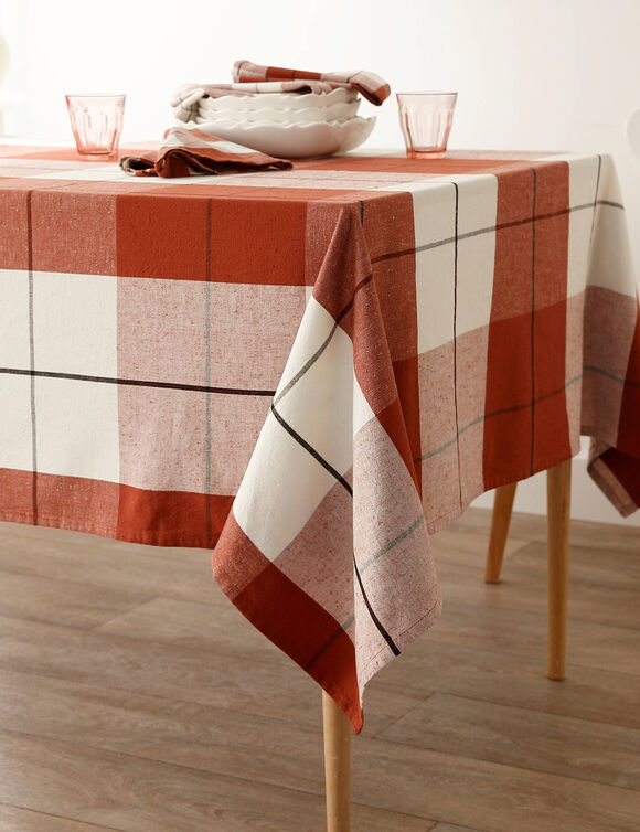 Nappe carreaux coton lin tiss&eacute; teint (terracotta)