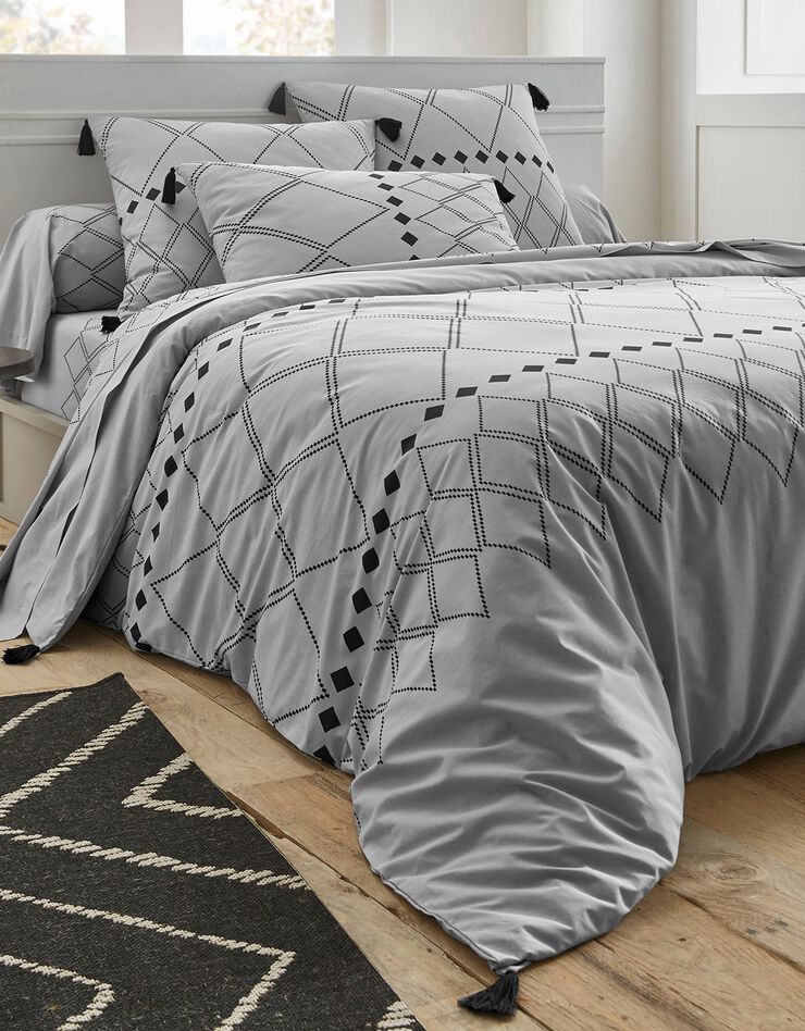 Linge de lit Massai coton à motifs graphiques et finitions pompons, gris, hi-res image number 1