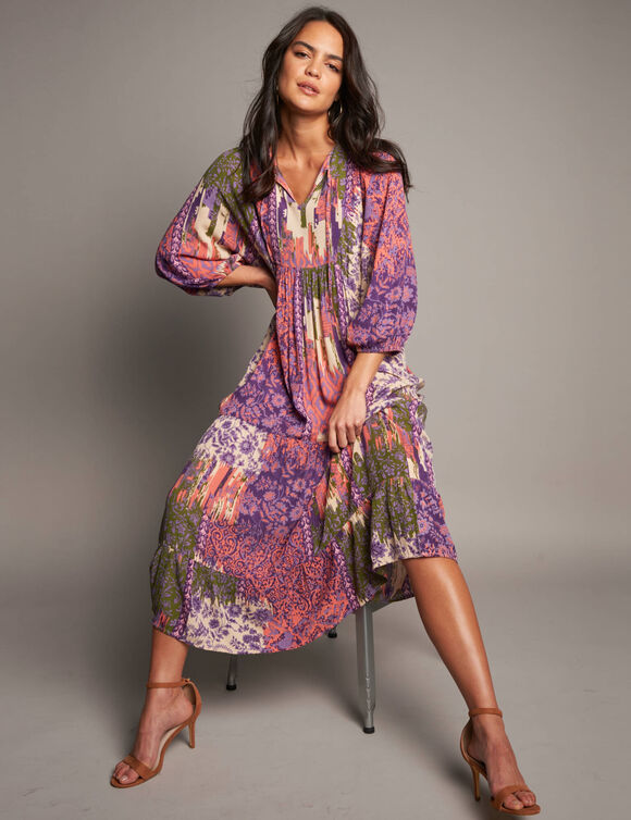 Robe longue imprim&eacute;e, cr&eacute;pon (prune / kaki)