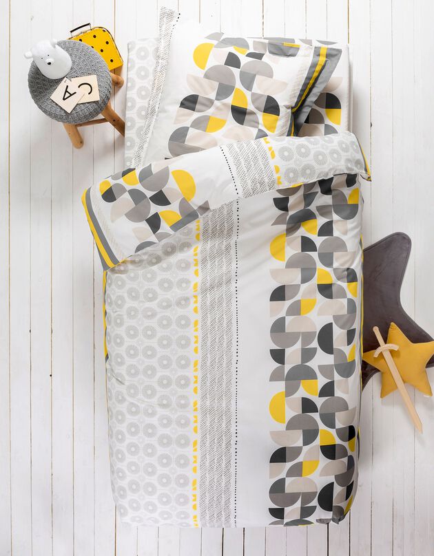 Linge de lit enfant Delirium - coton imprimé géométrique, gris / jaune, hi-res
