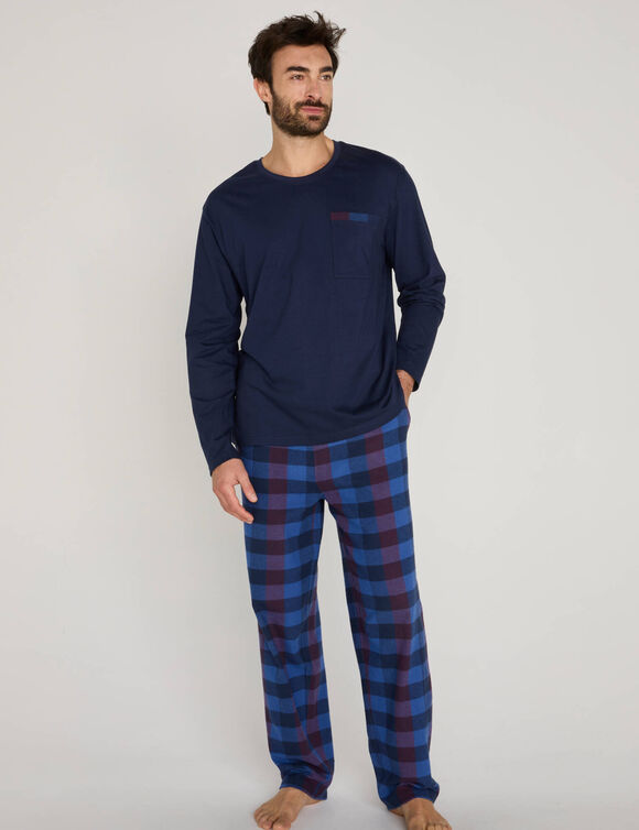 Pyjama van jersey en geruwde flanellen stof (blauw / bordeaux)