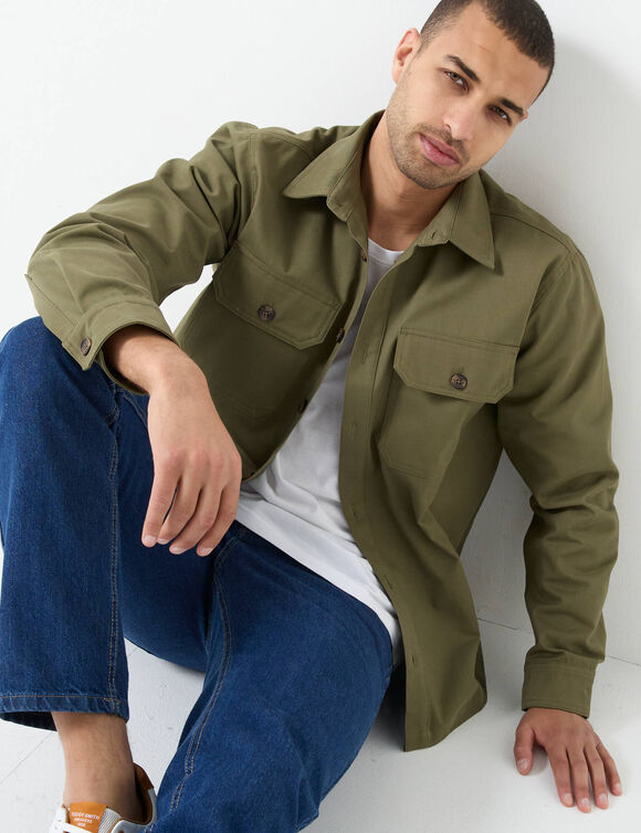 Surchemise boutonnée twill toucher peau de pêche (kaki)