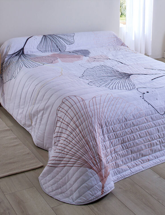 Gematelasseerde bedsprei met ginkgoprint (grijs / roze)