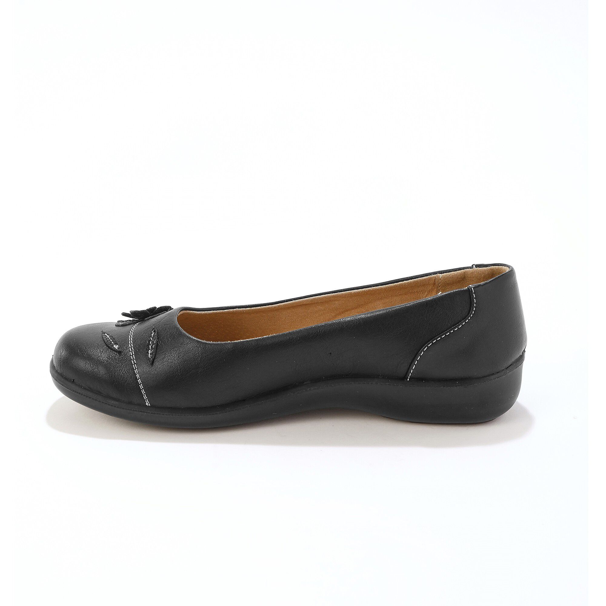 Comfortabel brede leren ballerina's met bloemapplicatie - zwart |  Blancheporte