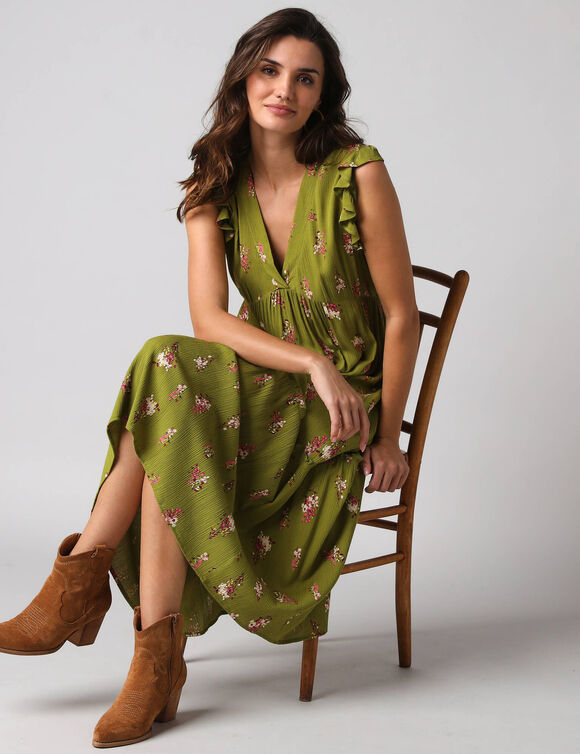 Robe longue col V, en cr&eacute;pon imprim&eacute; bouquets fleuris (vert)