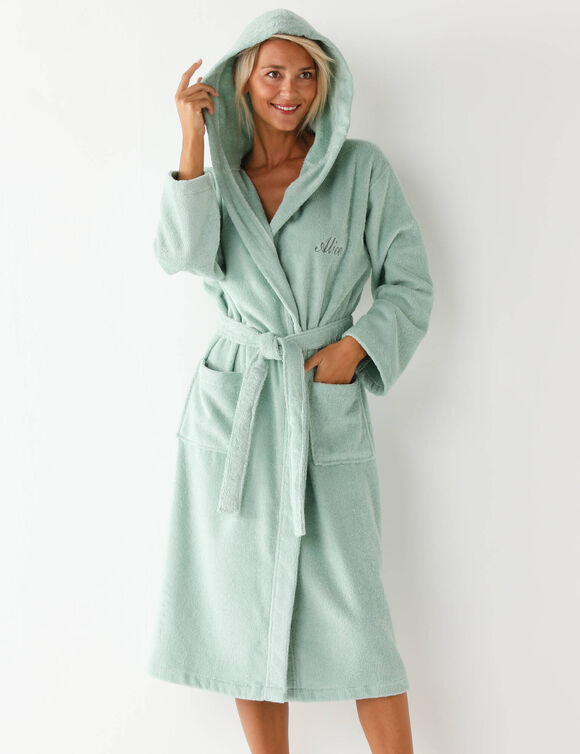 Gepersonaliseerde badjas met capuchon voor volwassenen (unisex) - lusjesbadstof 380 g/m&sup2; (amandel)