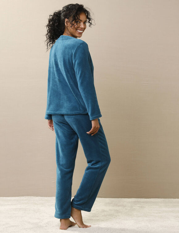 Pyjama veste boutonn&eacute;e manches longues, maille polaire (bleu paon)