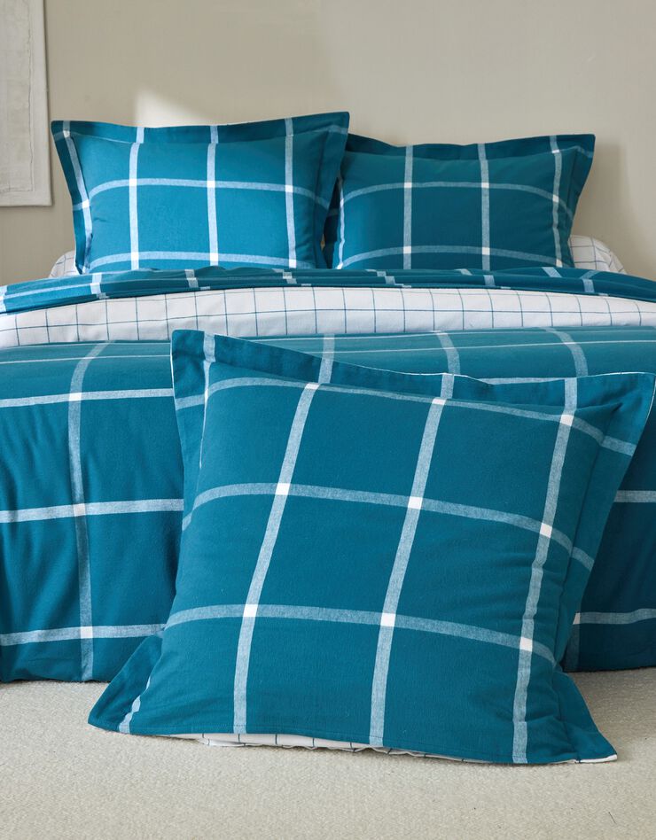 Linge de lit à carreaux réversible flanelle tissé teint (bleu paon)
