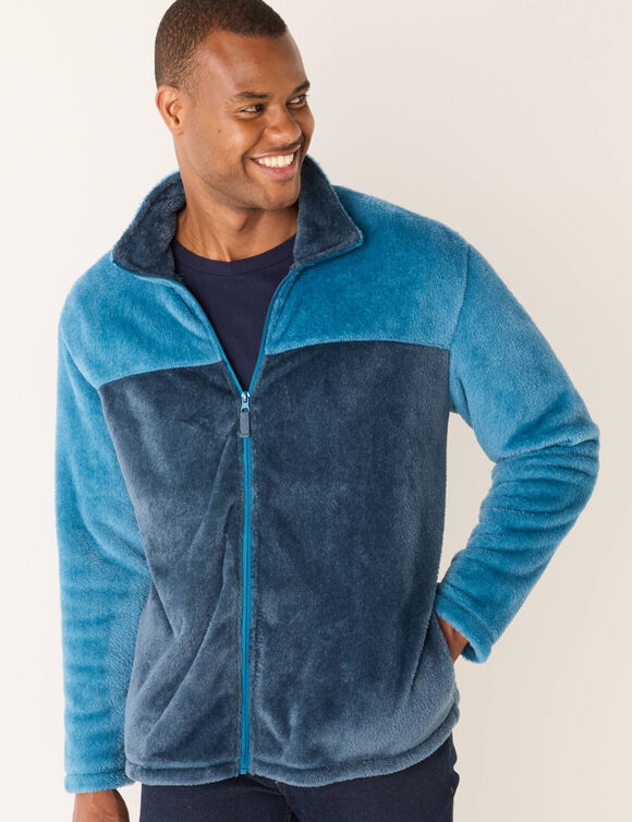 Blouson bicolore zippé polaire toucher peluche (bleu canard / marine)