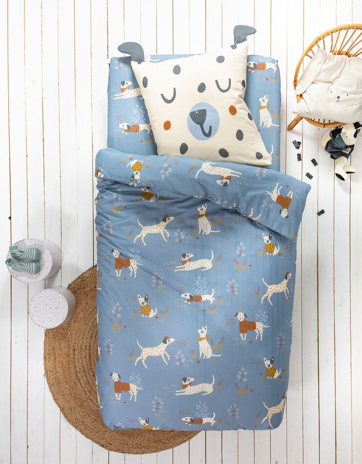 Linge de lit enfant Dalma - coton biologique imprimé chiens (bleu)