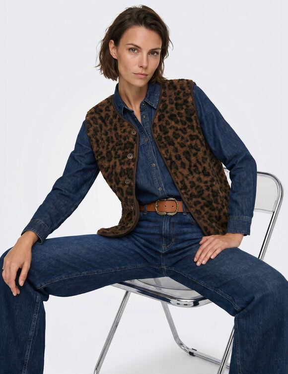 Veste sans manches imprim&eacute; l&eacute;opard, maille bouclette (beige / chocolat)