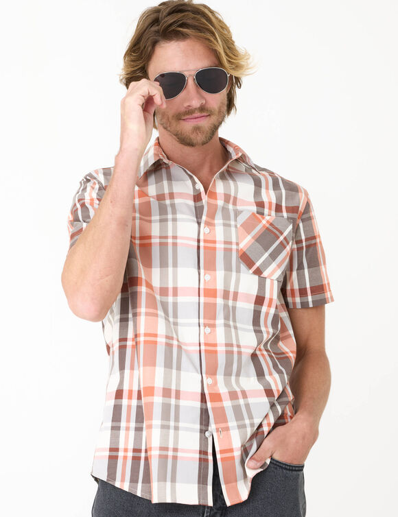 Geruit overhemd van polykatoen met korte mouwen (beige / oranje)
