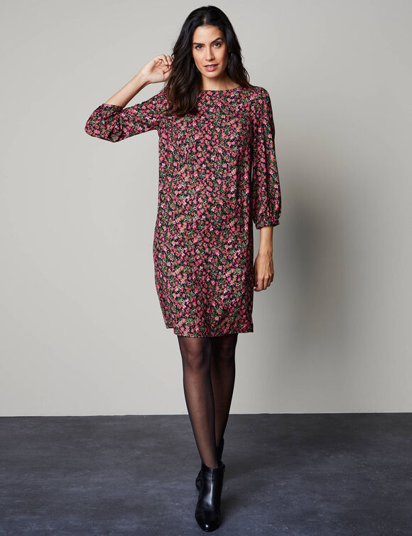 Robe droite manches 7/8ème imprimée (noir / framboise)