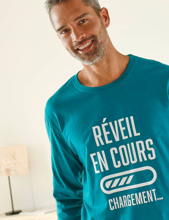 Pyjama col rond &agrave; message (bleu canard / marine)