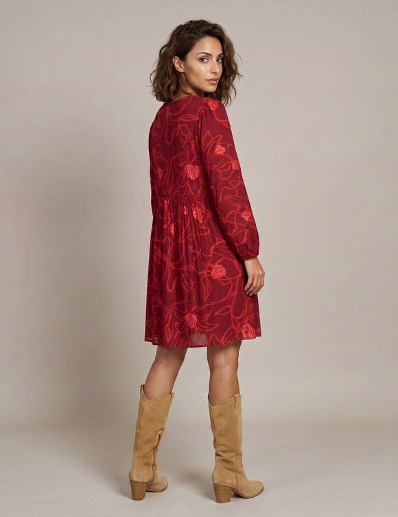 Korte jurk met ronde hals, 7/8-mouwen, bloemenprint (bordeaux / rood)