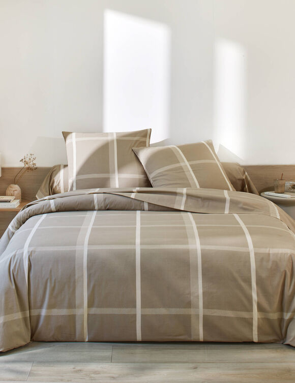 Linge de lit C&eacute;sar en coton imprim&eacute; carreaux (beige / &eacute;cru)