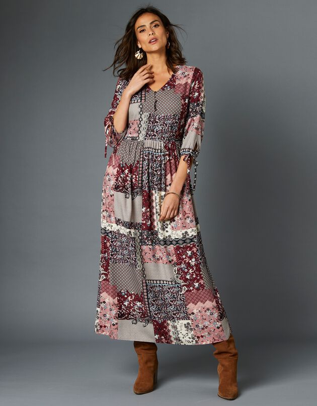 Lange jurk met patchworkprint en V-hals (rozenhout / grijs)