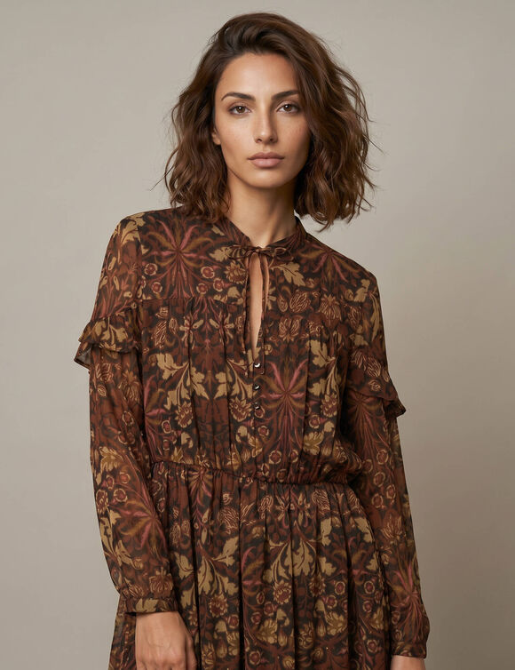 Lange jurk met V-hals, voile met bloemenprint (chocolade)