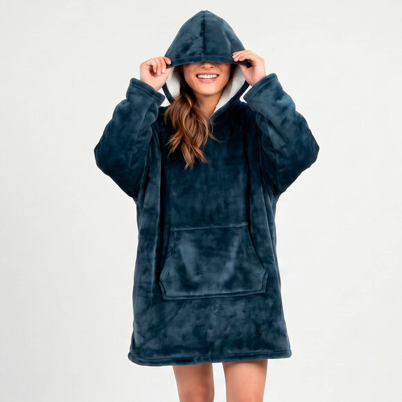 Fleece-sweater met capuchon in sherpa-voering (grijsblauw)