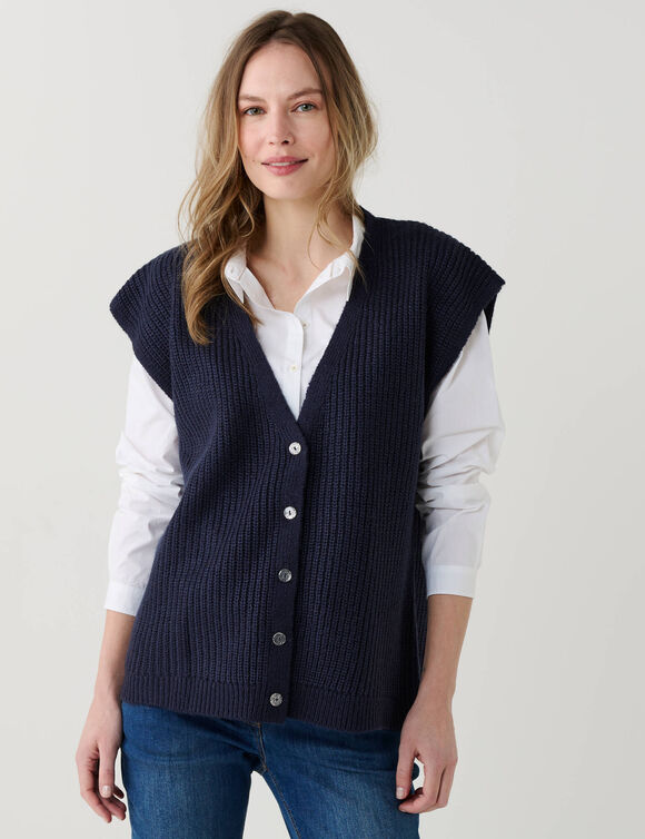 Mouwloos vest met paillettenknopen, Engelse breiwerk (marine)