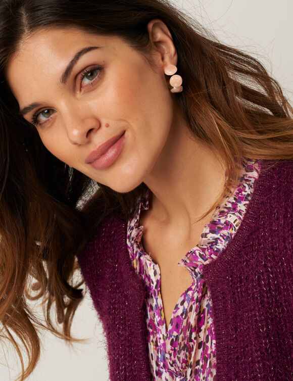 Gilet paletot, maille perlée fantaisie (prune)