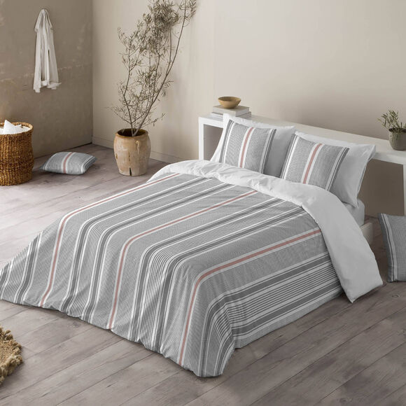 Linge de lit Alfred en coton imprim&eacute; rayures (gris)
