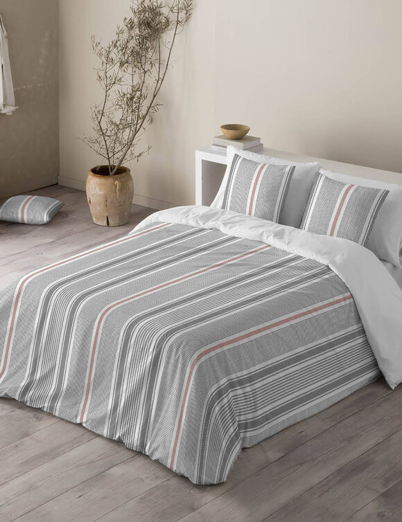 Linge de lit Alfred en coton imprim&eacute; rayures (gris)