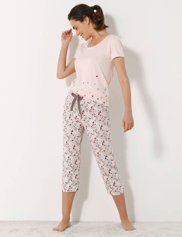 Pantacourt imprimé fleuri - jersey coton (rose)