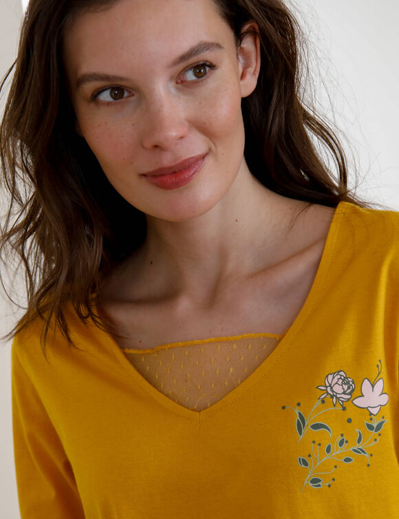 T-shirt pyjama manches longues motif floral imprim&eacute;  (miel)