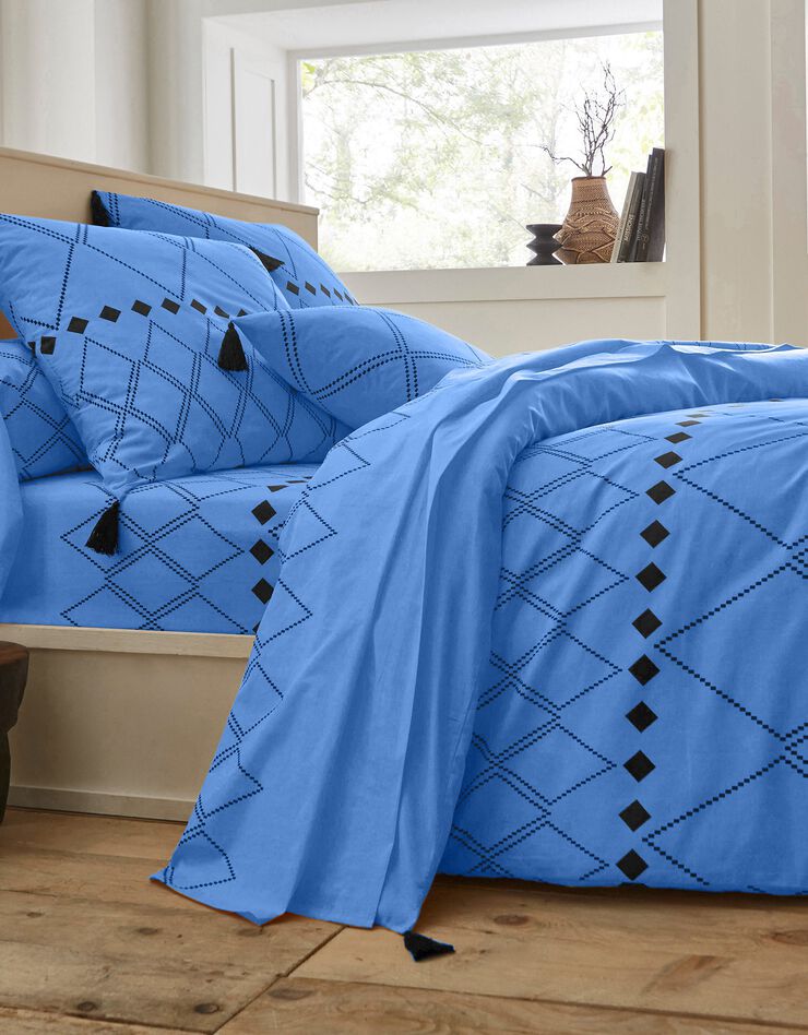Bedlinnen Massai, in katoen met grafische motieven, afgewerkt met pompons (oceaanblauw)