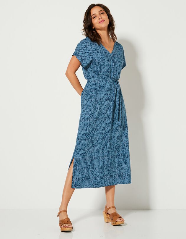 Rechte, lange, soepele jurk met korte mouwen, bedrukt (blauw / marine)