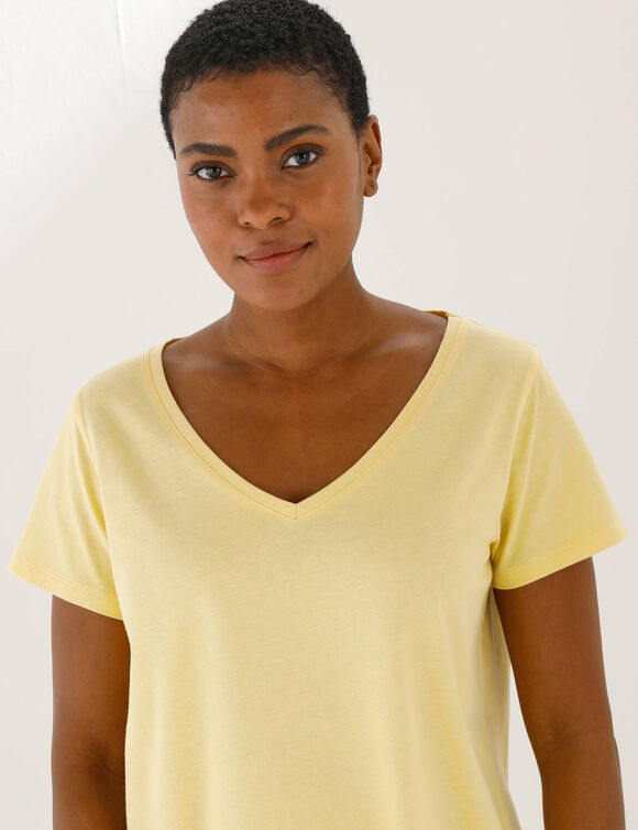 T-shirt col V uni manches courtes, coton (jaune p&acirc;le)